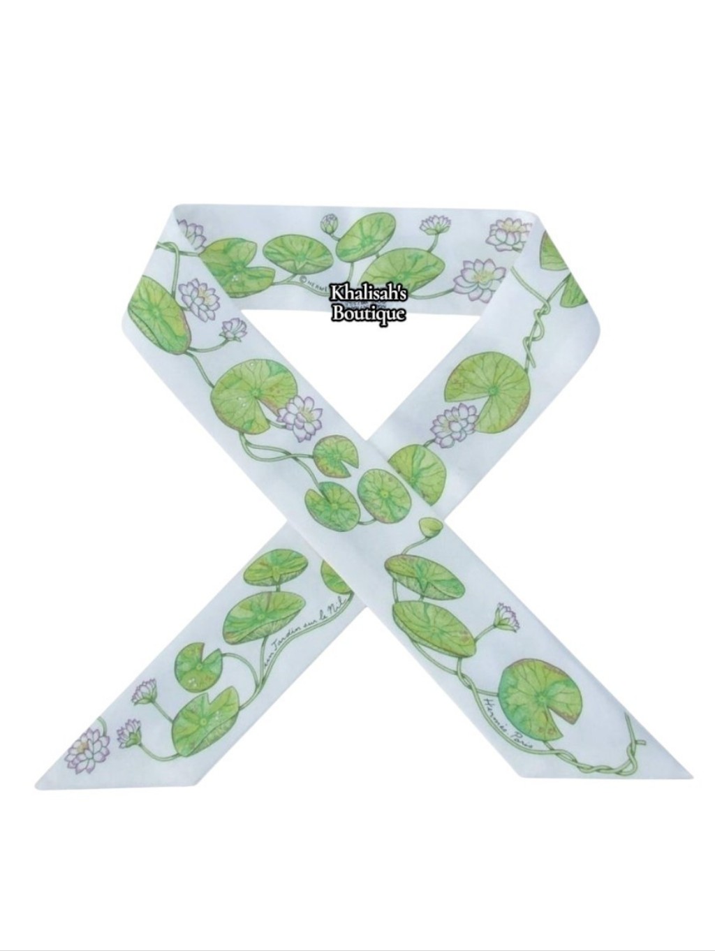Hermes White/Green 'Un Jardin Sur Le Nil' Silk Twilly Scarf Green Lily Pad Motif